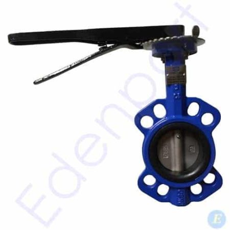 Blue industrial butterfly valve with lever handle