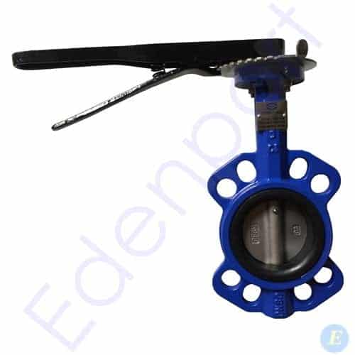 Blue industrial butterfly valve with lever handle