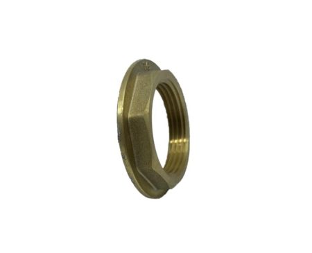 Brass threaded hex locknut on white background
