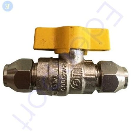 Brass ball valve with yellow handle and fittings