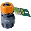 Orange and grey garden hose connector with stop