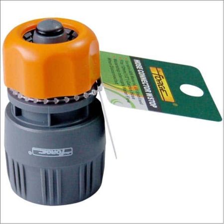 Orange and grey garden hose connector with stop