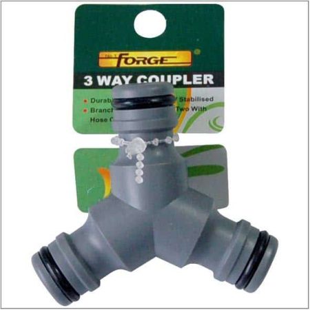 Forge three-way garden hose coupler connector