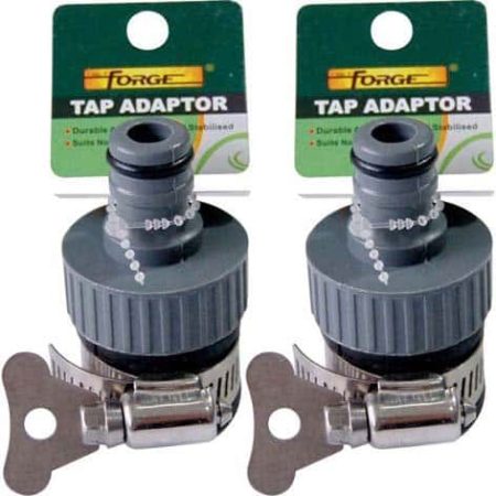 Two Forge tap adaptors with metal hose clamps