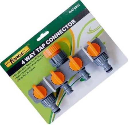 Four-way garden tap connector kit packaging