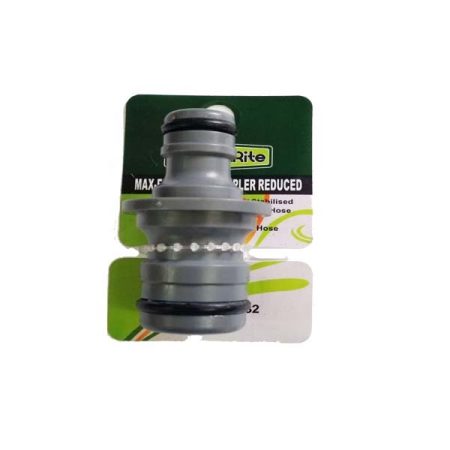 Grey garden hose coupler on retail packaging