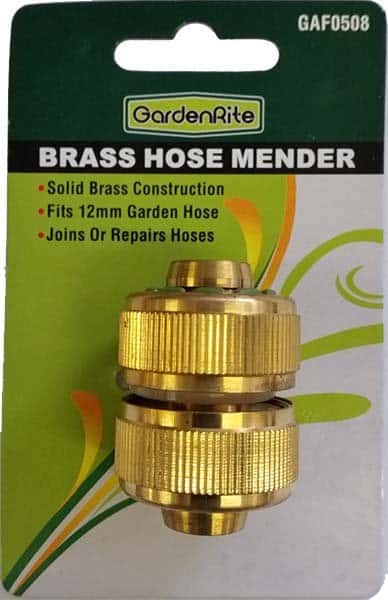 GardenRite brass hose mender on retail packaging