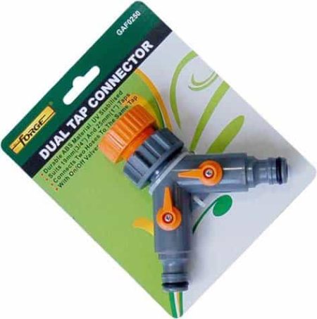 Dual tap connector garden hose fitting on packaging