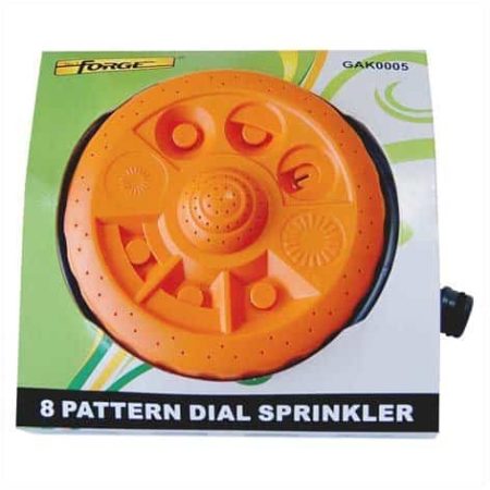 Orange 8-pattern dial garden sprinkler on packaging