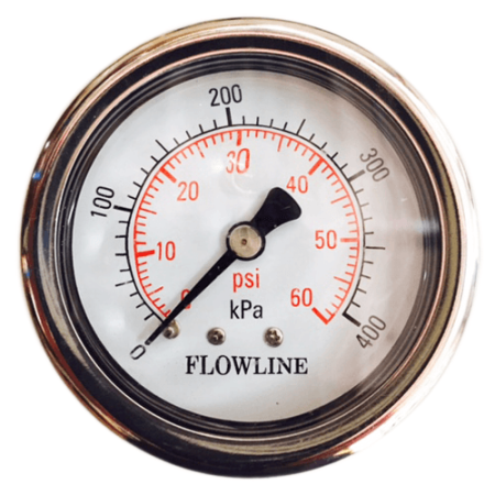 Round pressure gauge showing psi and kPa readings