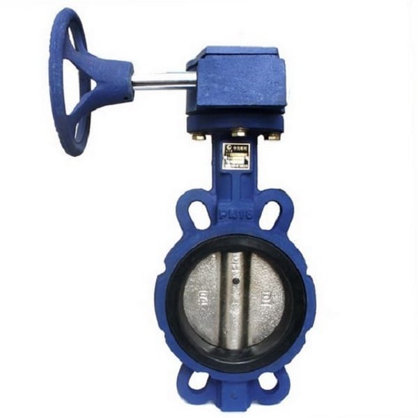 Blue industrial butterfly valve with handwheel actuator