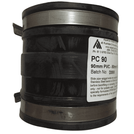 Black PVC pipe coupling with metal bands