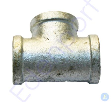 Galvanised metal pipe tee fitting on white background