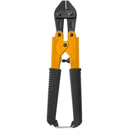 Yellow and black bolt cutters on white background