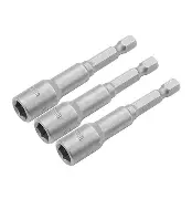 Three metal hex shank nut driver bits