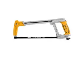 Yellow-handled hacksaw on white background