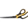 Black and yellow handled scissors on white background