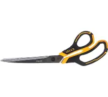 Black and yellow handled scissors on white background