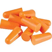 Orange foam earplugs on white background