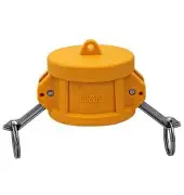 Yellow camlock coupling cap with metal arms