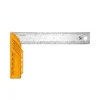 Yellow try square with metal ruler on white background