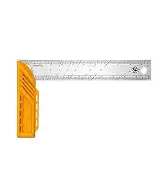 Yellow try square with metal ruler on white background