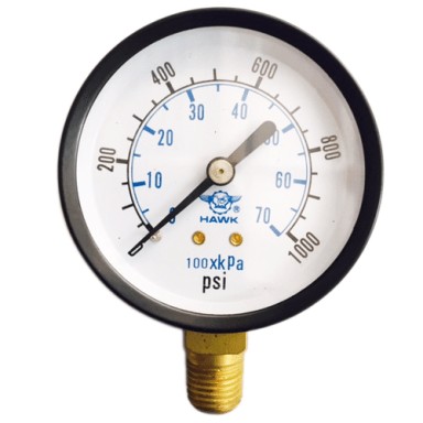 Round pressure gauge displaying psi and kPa readings