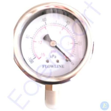 Close-up of Flowline pressure gauge dial