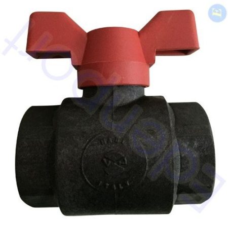 Black plastic ball valve with red handle