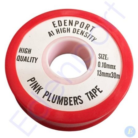 Pink plumbers tape roll with labelled packaging