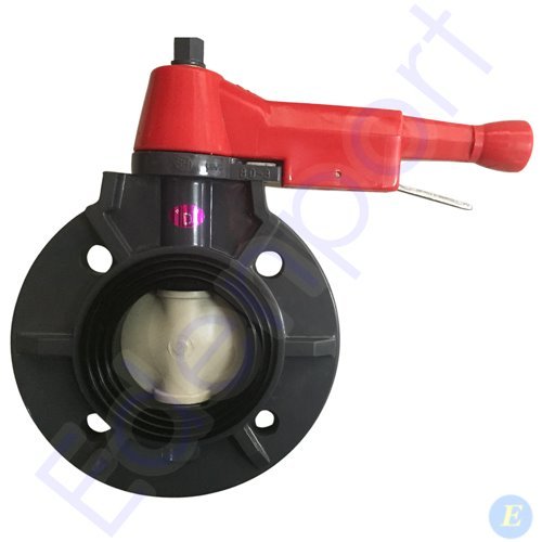 Black flanged butterfly valve with red lever handle