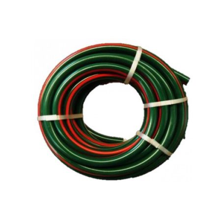 Coiled green garden hose with red stripe