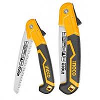 Two Ingco folding hand saws with yellow handles