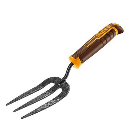 Hand garden fork with brown and yellow handle