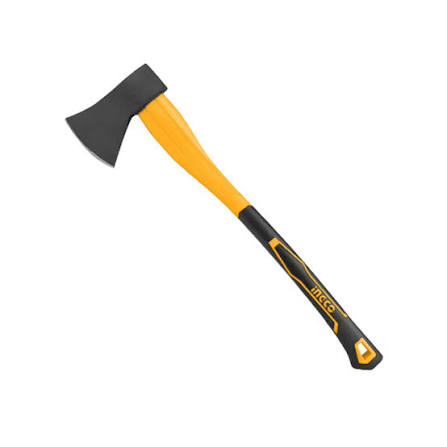 Black and yellow axe on plain background