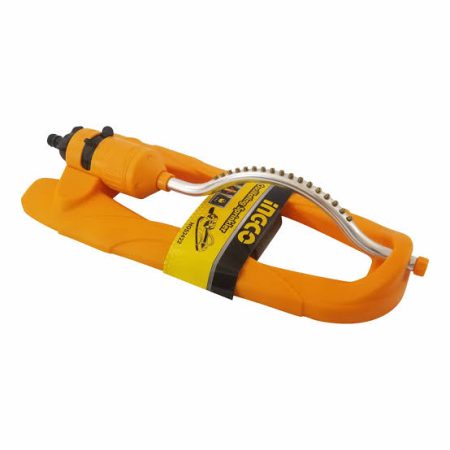 Orange oscillating garden sprinkler on white background