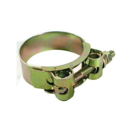 Heavy-duty metal hose clamp on white background