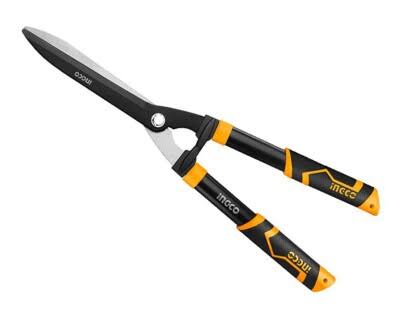 Black and yellow hedge shears on white background