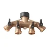 Brass four-way garden hose manifold with valves