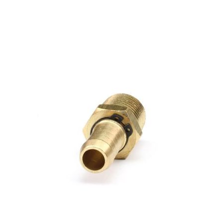 Brass threaded hose barb fitting on white background