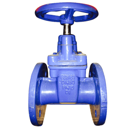 Blue industrial gate valve with flanged ends
